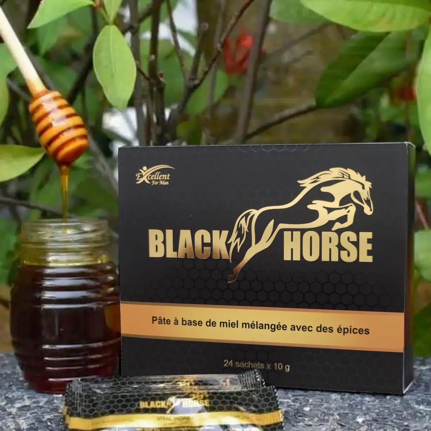 Black Horse - miel aphrodisiaque - strong boost - boite de 24 sticks de 10g