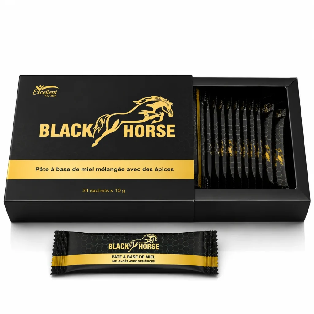 Black Horse Strong Boost — boîte ouverte vue trois-quarts dorée